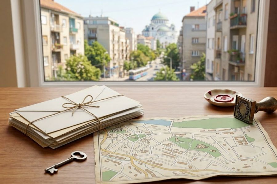 Mapa Zvezdare sa pismima i pečatom na stolu pored prozora, vodič kroz poštanske brojeve na opštini Zvezdara.