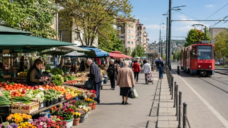 Cvetkova pijaca na Zvezdari sa tezgama, kupcima i tramvajem u blizini.