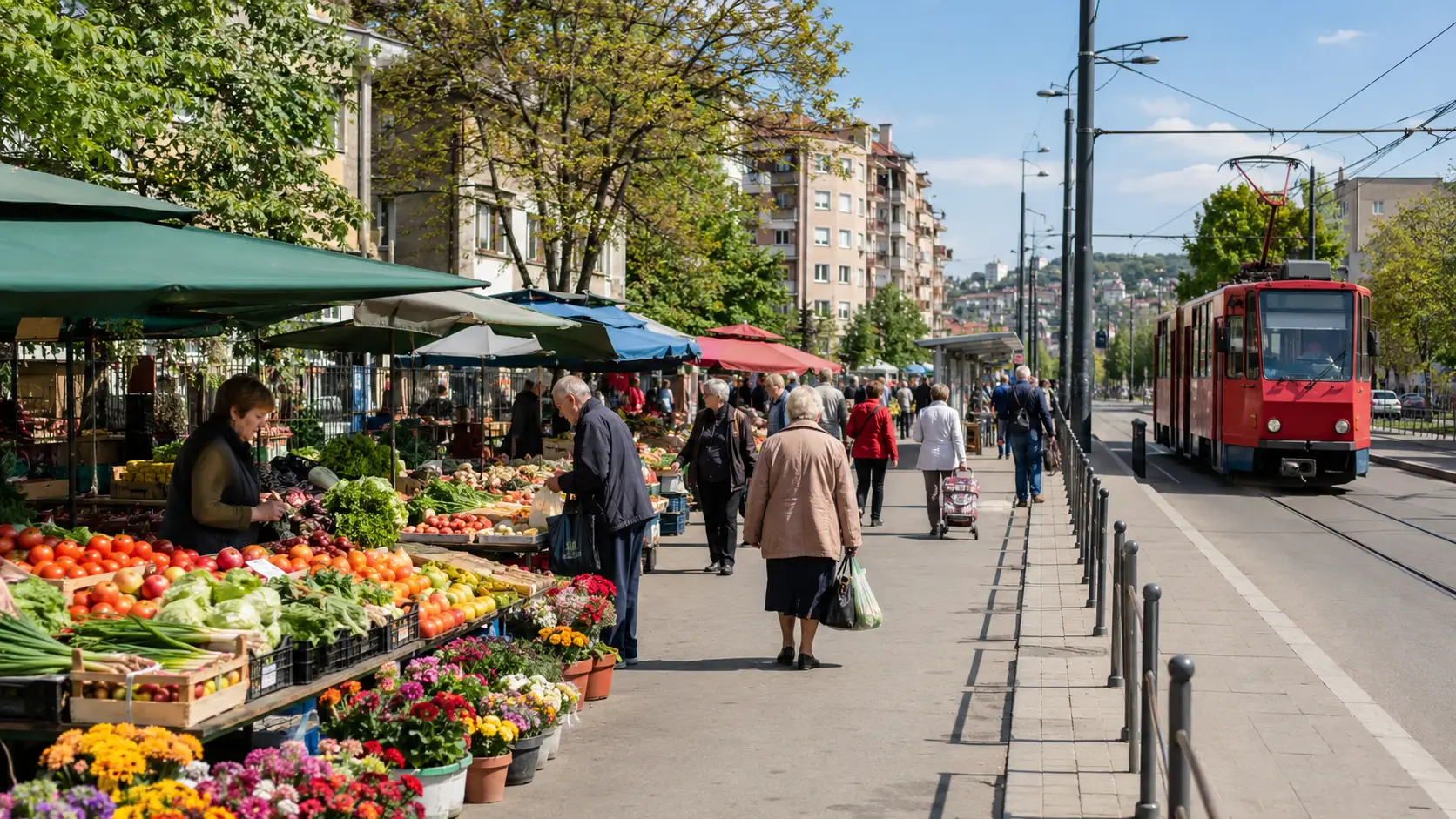 Cvetkova pijaca na Zvezdari sa tezgama, kupcima i tramvajem u blizini.