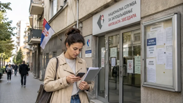 Žena ispred Nacionalne službe za zapošljavanje Zvezdara proverava informacije na telefonu i drži dokumenta pre odlaska u lokalni biro.