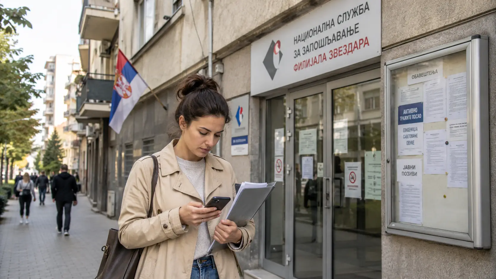 Žena ispred Nacionalne službe za zapošljavanje Zvezdara proverava informacije na telefonu i drži dokumenta pre odlaska u lokalni biro.