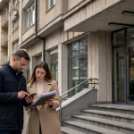 Građani ispred administrativne zgrade proveravaju dokumenta i informacije pre odlaska u Poresku upravu Zvezdara.