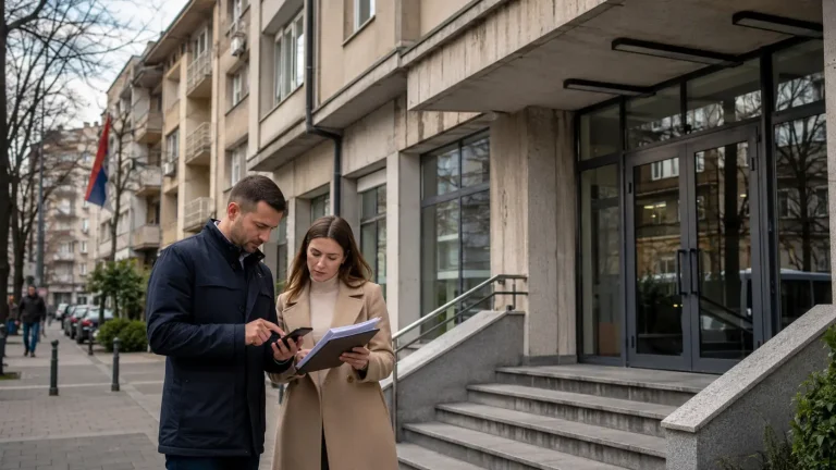 Građani ispred administrativne zgrade proveravaju dokumenta i informacije pre odlaska u Poresku upravu Zvezdara.