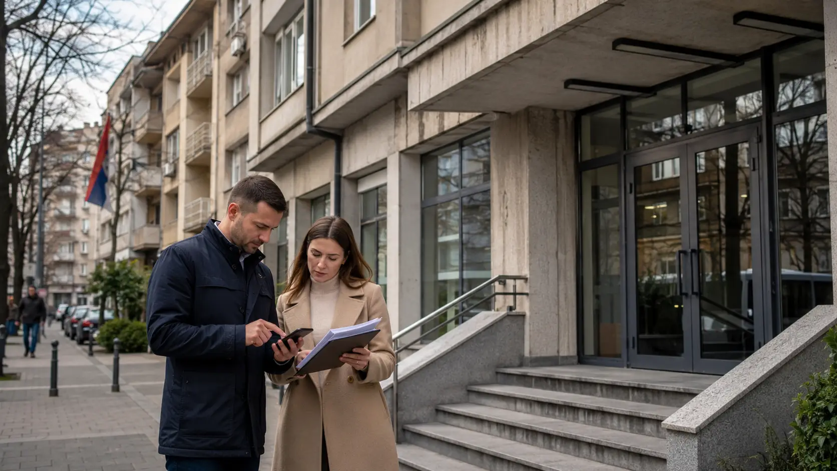 Građani ispred administrativne zgrade proveravaju dokumenta i informacije pre odlaska u Poresku upravu Zvezdara.