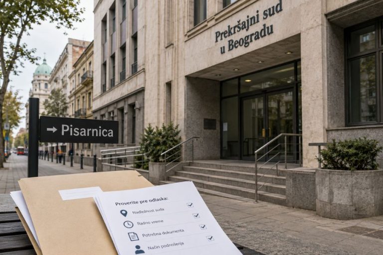 Ulaz u Prekršajni sud u Beogradu sa oznakom pisarnice i dokumentima za proveru nadležnosti, radnog vremena i potrebne dokumentacije pre odlaska.