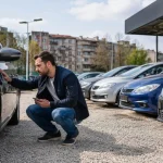 Kupac proverava polovni automobil na auto placu u Beogradu pre donošenja odluke o kupovini.
