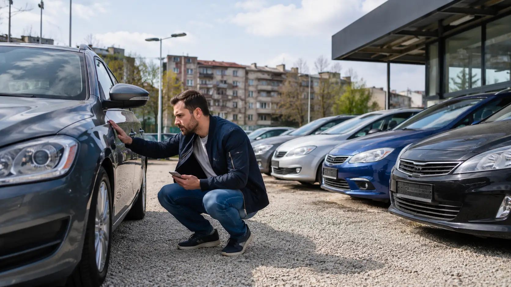 Kupac proverava polovni automobil na auto placu u Beogradu pre donošenja odluke o kupovini.