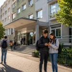Studenti ispred zgrade studentskog doma na Zvezdari proveravaju informacije na telefonu.