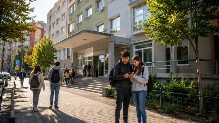 Studenti ispred zgrade studentskog doma na Zvezdari proveravaju informacije na telefonu.