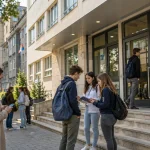 Učenici i roditelj ispred srednje škole na Zvezdari proveravaju osnovne informacije o Tehnoart školi.