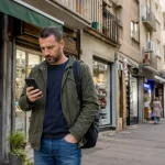 Građanin Zvezdare koristi telefon ispred lokalnih radnji kako bi pronašao najbližu prodavnicu, uslugu ili brzo rešenje u blizini.