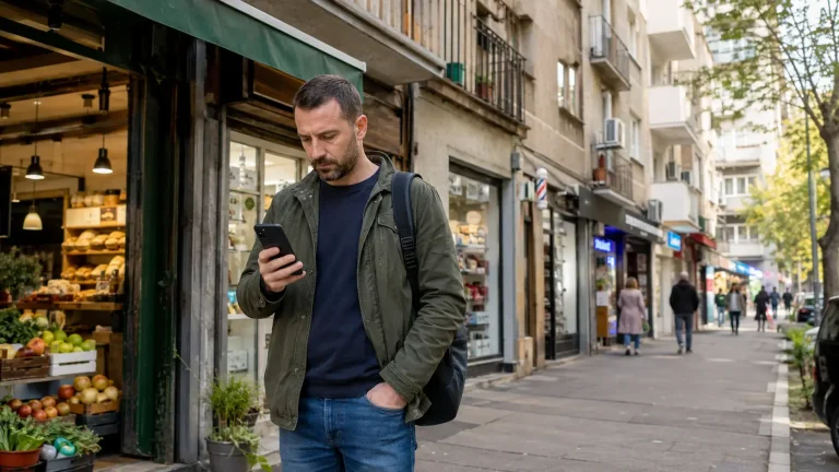 Građanin Zvezdare koristi telefon ispred lokalnih radnji kako bi pronašao najbližu prodavnicu, uslugu ili brzo rešenje u blizini.