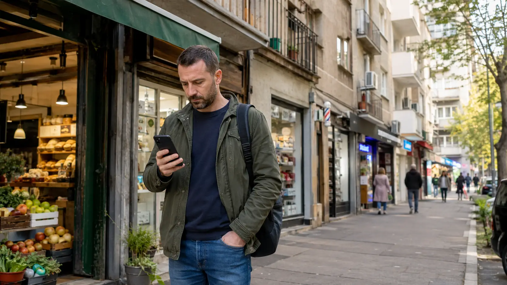 Građanin Zvezdare koristi telefon ispred lokalnih radnji kako bi pronašao najbližu prodavnicu, uslugu ili brzo rešenje u blizini.