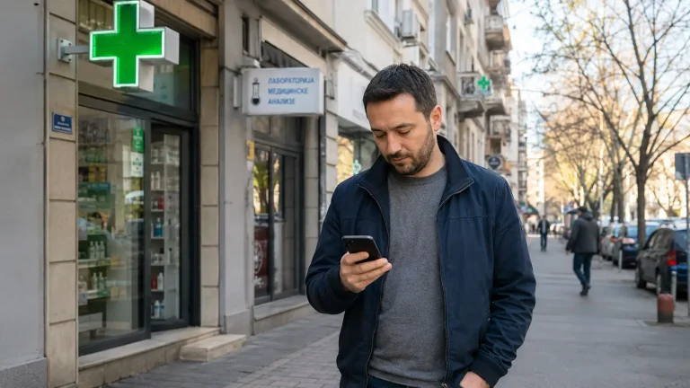 Građanin Zvezdare koristi telefon ispred apoteke i medicinske laboratorije dok traži ordinaciju, apoteku ili zdravstvenu uslugu u blizini.
