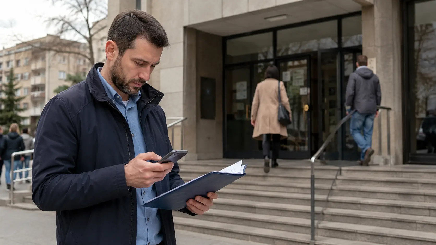 Građanin proverava informacije na telefonu i drži dokumentaciju ispred zgrade Opštine Zvezdara.